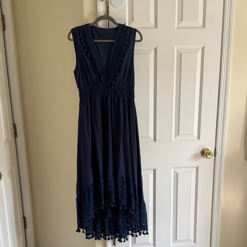 Elegant Navy Blue High Low Sleeveless Dress